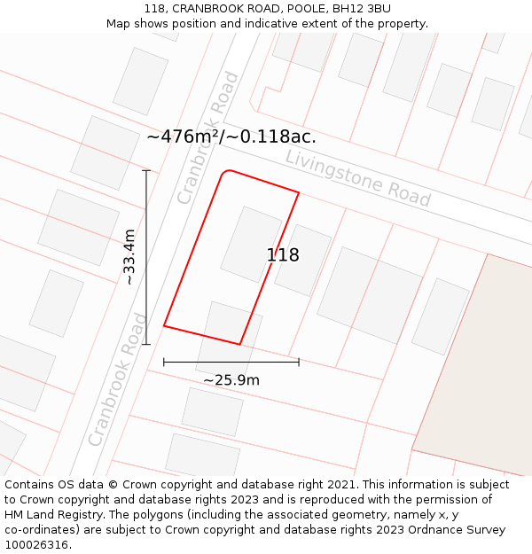 118, CRANBROOK ROAD, POOLE, BH12 3BU: Plot and title map