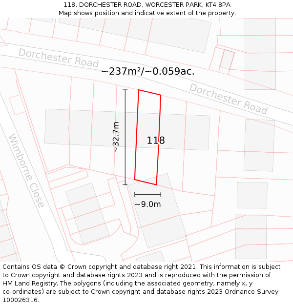 118, DORCHESTER ROAD, WORCESTER PARK, KT4 8PA: Plot and title map