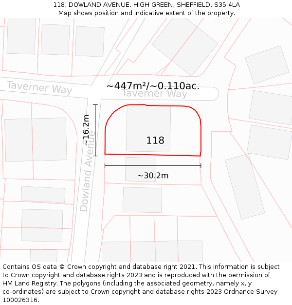 118, DOWLAND AVENUE, HIGH GREEN, SHEFFIELD, S35 4LA: Plot and title map