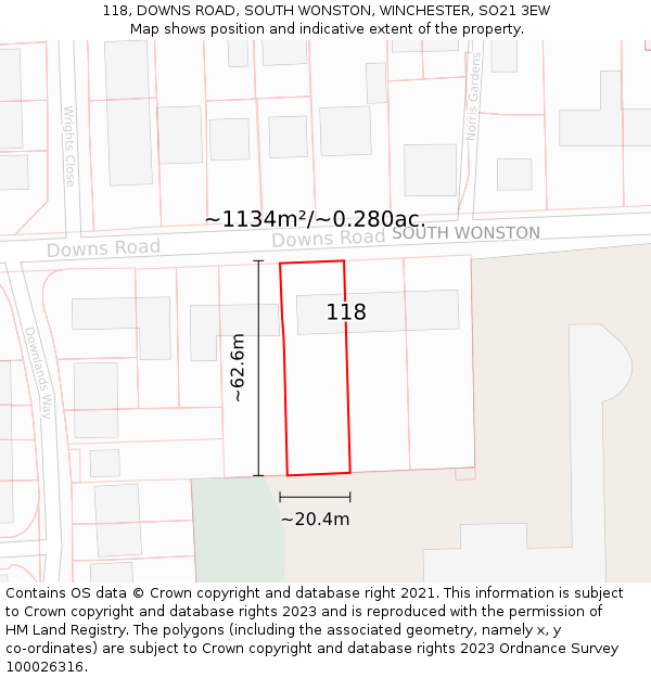 118, DOWNS ROAD, SOUTH WONSTON, WINCHESTER, SO21 3EW: Plot and title map