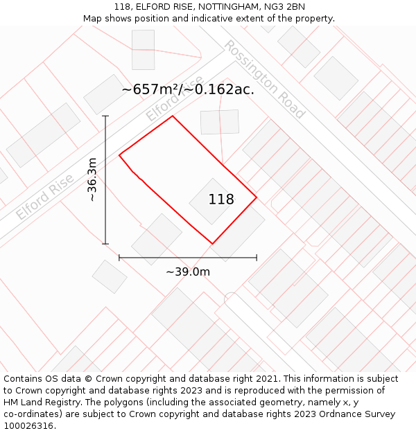 118, ELFORD RISE, NOTTINGHAM, NG3 2BN: Plot and title map