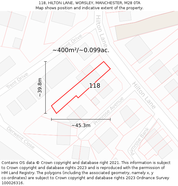 118, HILTON LANE, WORSLEY, MANCHESTER, M28 0TA: Plot and title map