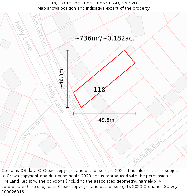 118, HOLLY LANE EAST, BANSTEAD, SM7 2BE: Plot and title map