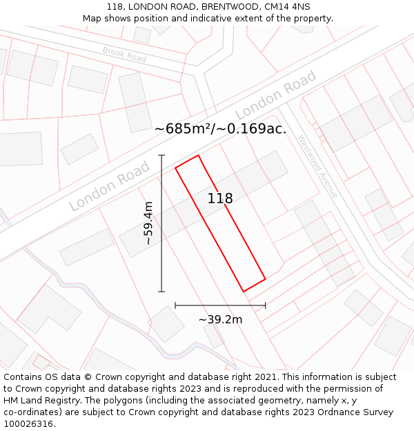 118, LONDON ROAD, BRENTWOOD, CM14 4NS: Plot and title map