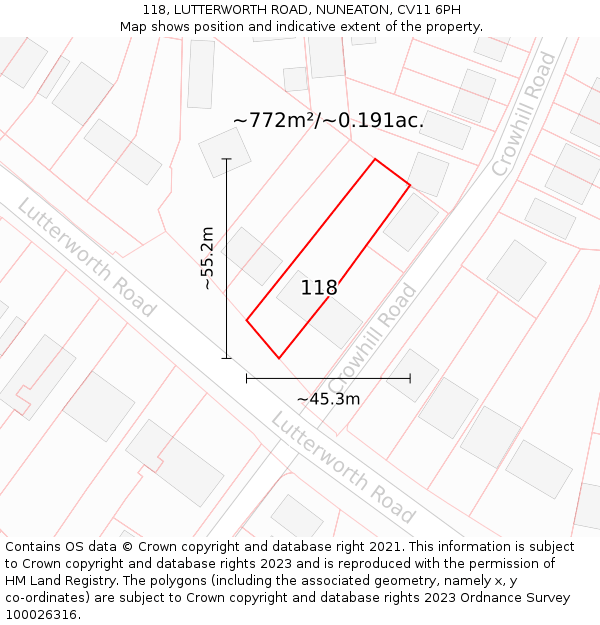 118, LUTTERWORTH ROAD, NUNEATON, CV11 6PH: Plot and title map