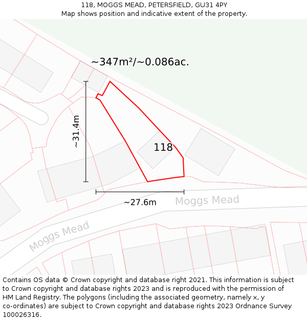 118, MOGGS MEAD, PETERSFIELD, GU31 4PY: Plot and title map