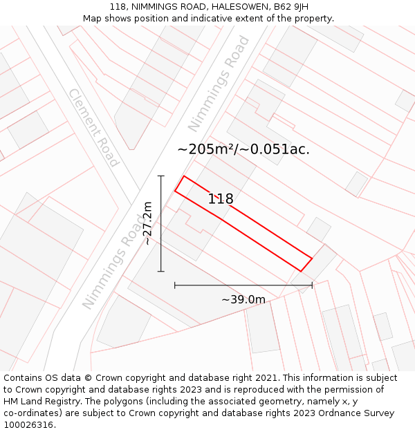 118, NIMMINGS ROAD, HALESOWEN, B62 9JH: Plot and title map