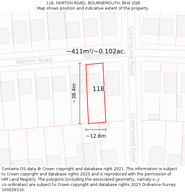 118, NORTON ROAD, BOURNEMOUTH, BH9 2QB: Plot and title map