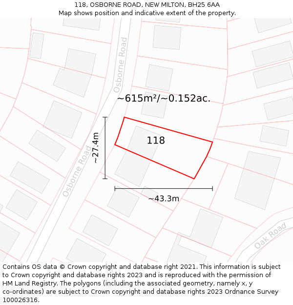 118, OSBORNE ROAD, NEW MILTON, BH25 6AA: Plot and title map