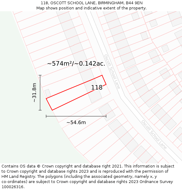 118, OSCOTT SCHOOL LANE, BIRMINGHAM, B44 9EN: Plot and title map