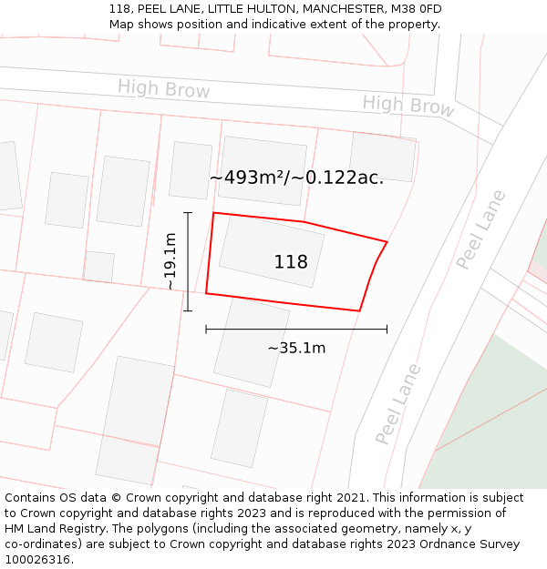 118, PEEL LANE, LITTLE HULTON, MANCHESTER, M38 0FD: Plot and title map