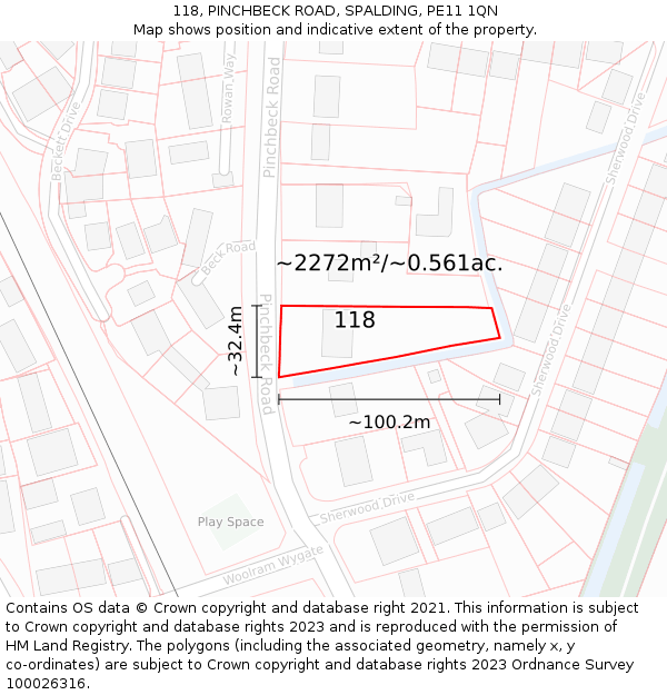 118, PINCHBECK ROAD, SPALDING, PE11 1QN: Plot and title map