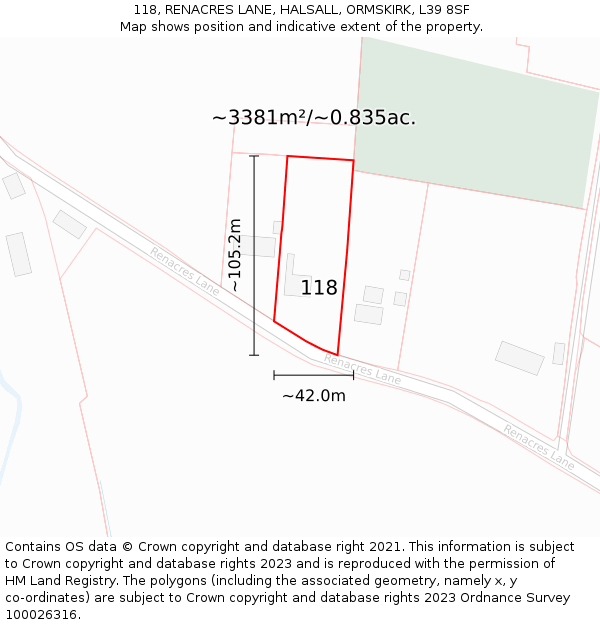 118, RENACRES LANE, HALSALL, ORMSKIRK, L39 8SF: Plot and title map