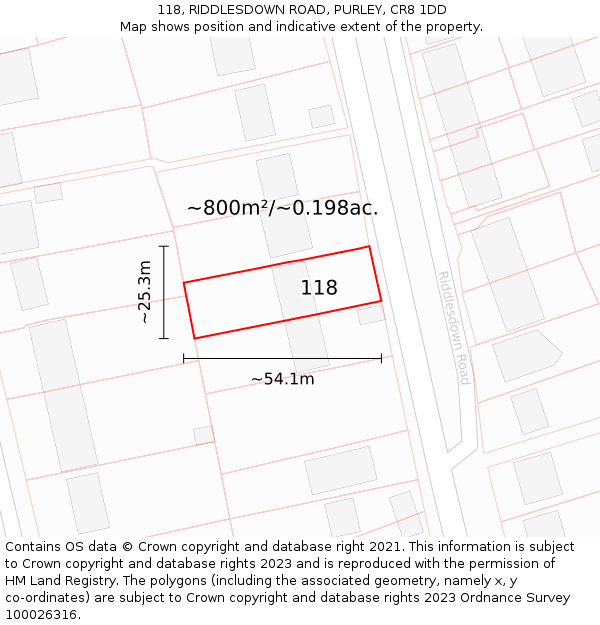 118, RIDDLESDOWN ROAD, PURLEY, CR8 1DD: Plot and title map