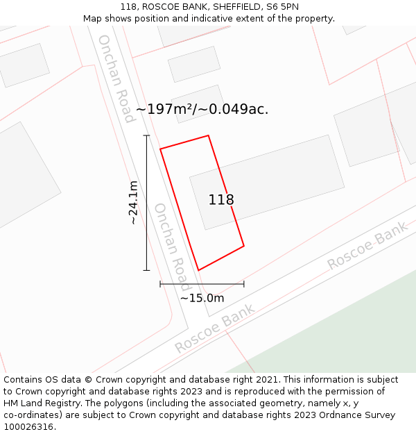 118, ROSCOE BANK, SHEFFIELD, S6 5PN: Plot and title map