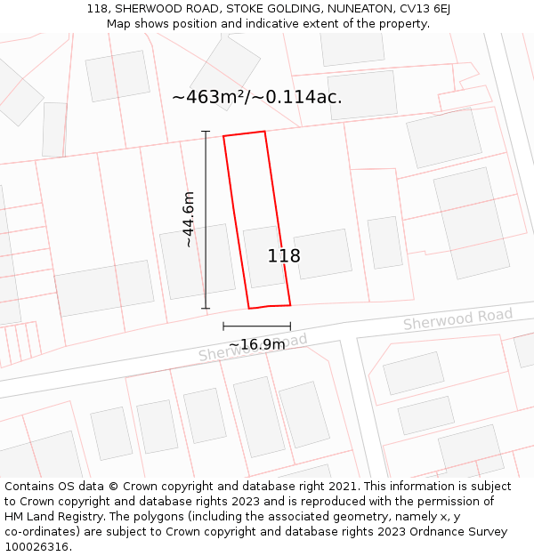 118, SHERWOOD ROAD, STOKE GOLDING, NUNEATON, CV13 6EJ: Plot and title map