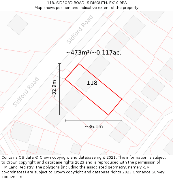 118, SIDFORD ROAD, SIDMOUTH, EX10 9PA: Plot and title map