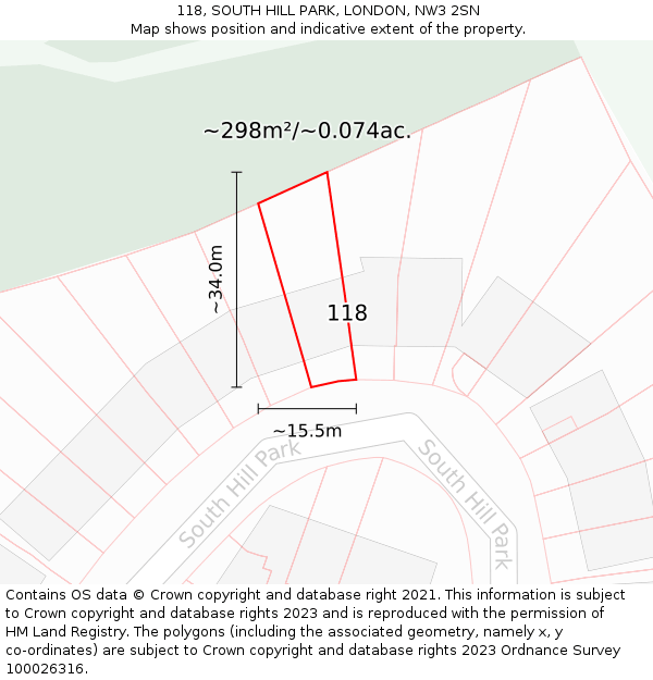 118, SOUTH HILL PARK, LONDON, NW3 2SN: Plot and title map