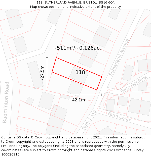 118, SUTHERLAND AVENUE, BRISTOL, BS16 6QN: Plot and title map
