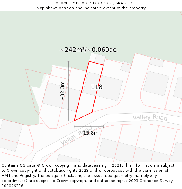 118, VALLEY ROAD, STOCKPORT, SK4 2DB: Plot and title map