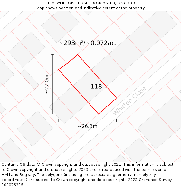 118, WHITTON CLOSE, DONCASTER, DN4 7RD: Plot and title map