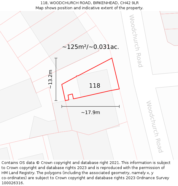 118, WOODCHURCH ROAD, BIRKENHEAD, CH42 9LR: Plot and title map