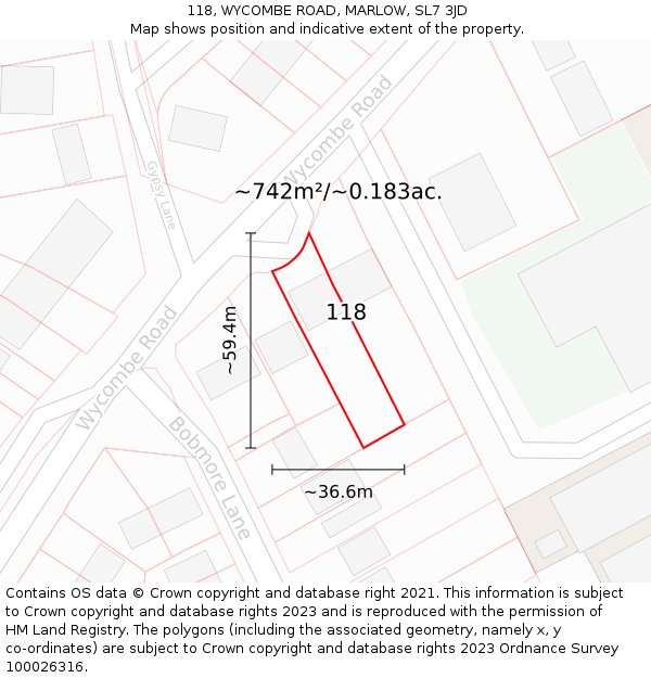 118, WYCOMBE ROAD, MARLOW, SL7 3JD: Plot and title map