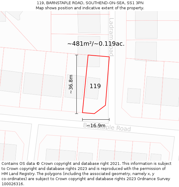 119, BARNSTAPLE ROAD, SOUTHEND-ON-SEA, SS1 3PN: Plot and title map