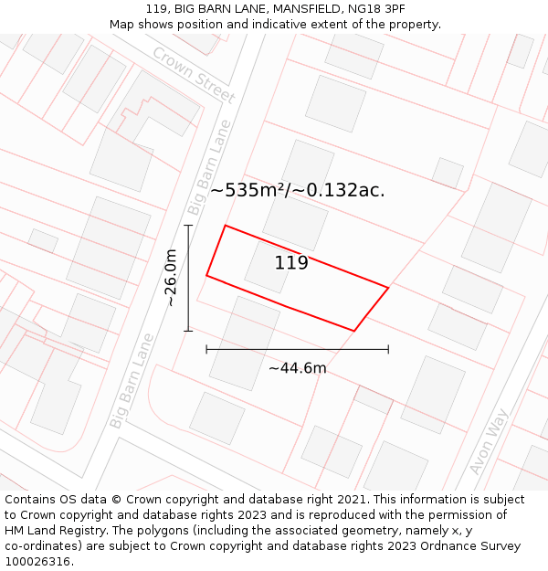 119, BIG BARN LANE, MANSFIELD, NG18 3PF: Plot and title map