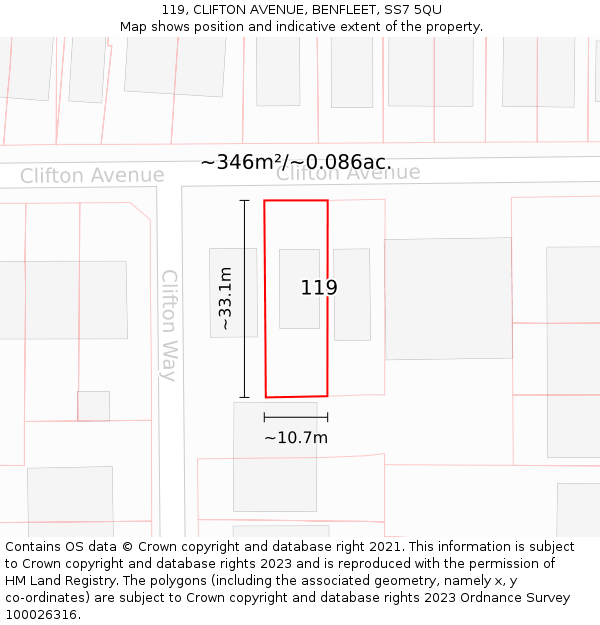 119, CLIFTON AVENUE, BENFLEET, SS7 5QU: Plot and title map