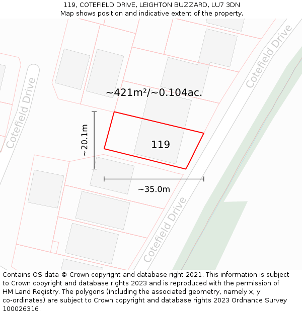 119, COTEFIELD DRIVE, LEIGHTON BUZZARD, LU7 3DN: Plot and title map