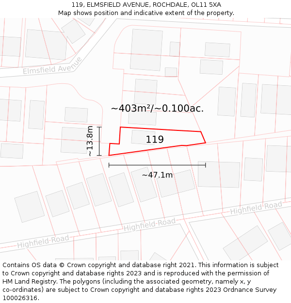 119, ELMSFIELD AVENUE, ROCHDALE, OL11 5XA: Plot and title map