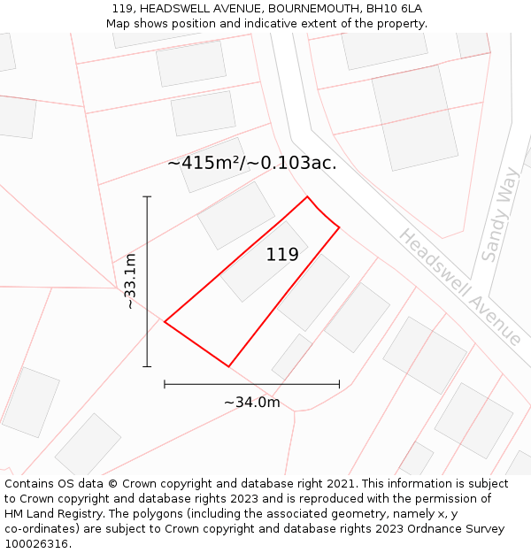 119, HEADSWELL AVENUE, BOURNEMOUTH, BH10 6LA: Plot and title map