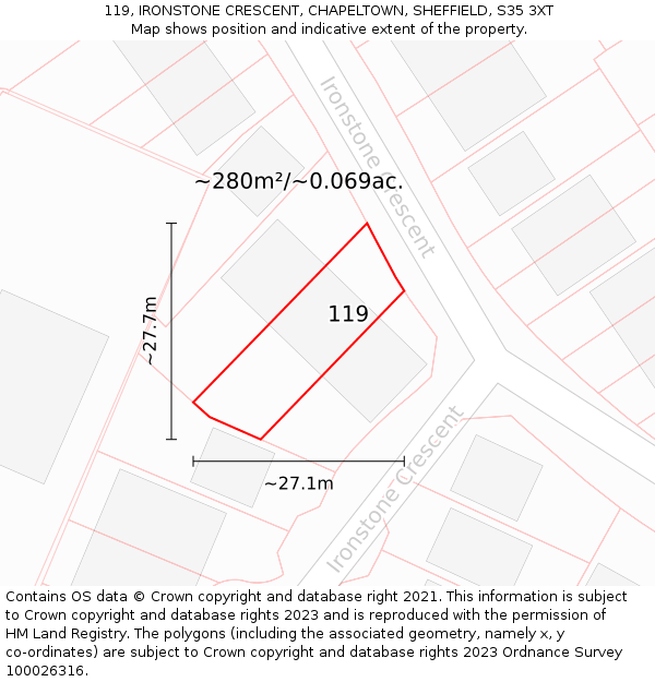 119, IRONSTONE CRESCENT, CHAPELTOWN, SHEFFIELD, S35 3XT: Plot and title map
