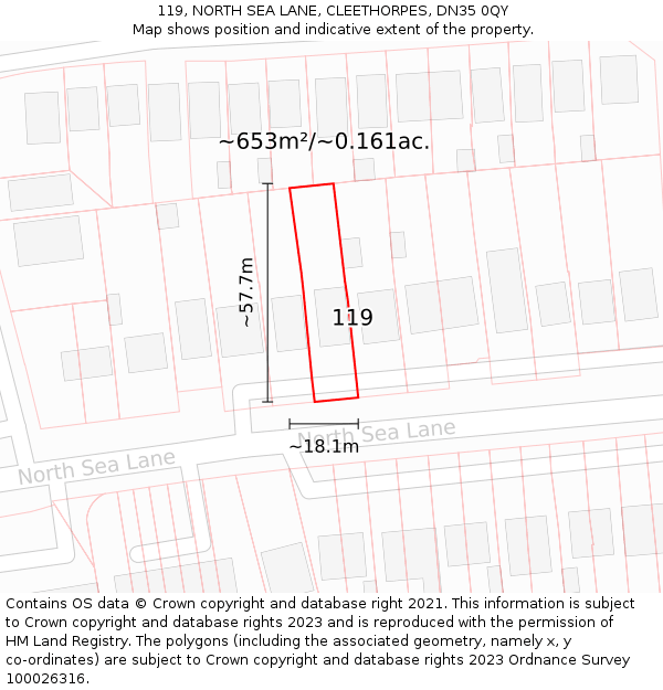 119, NORTH SEA LANE, CLEETHORPES, DN35 0QY: Plot and title map