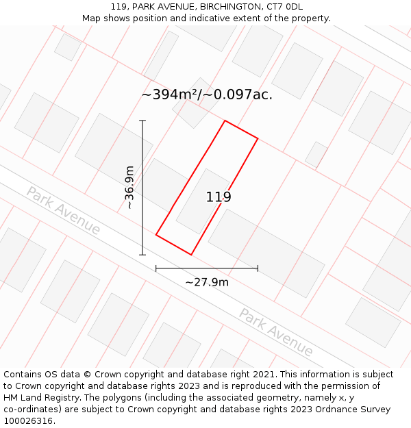 119, PARK AVENUE, BIRCHINGTON, CT7 0DL: Plot and title map