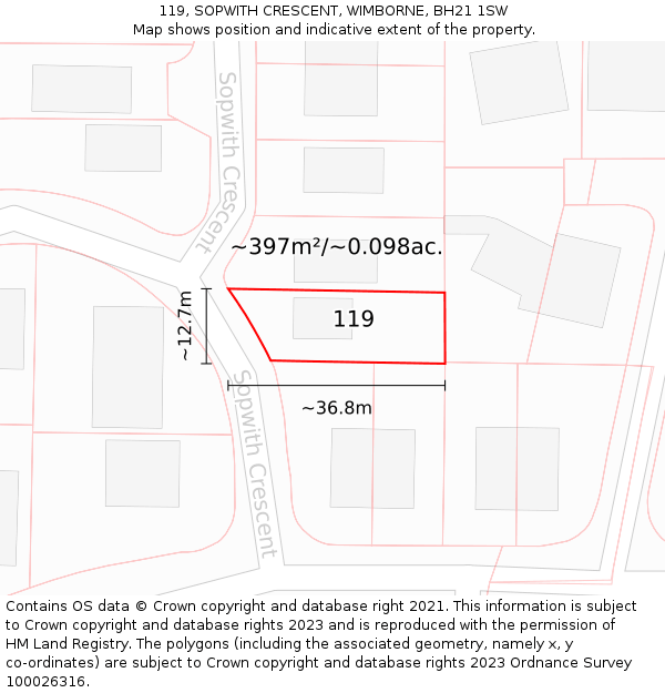 119, SOPWITH CRESCENT, WIMBORNE, BH21 1SW: Plot and title map