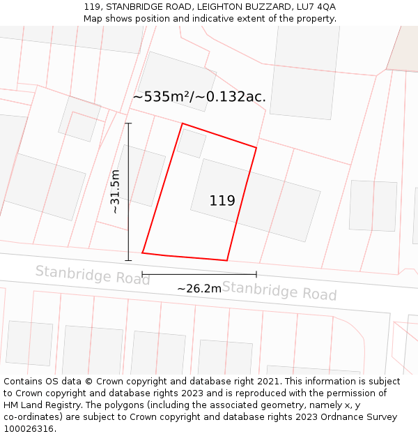 119, STANBRIDGE ROAD, LEIGHTON BUZZARD, LU7 4QA: Plot and title map