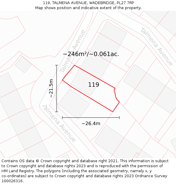 119, TALMENA AVENUE, WADEBRIDGE, PL27 7RP: Plot and title map