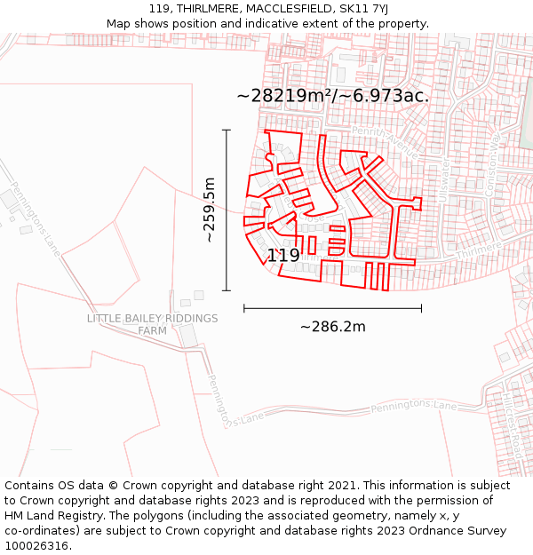 119, THIRLMERE, MACCLESFIELD, SK11 7YJ: Plot and title map