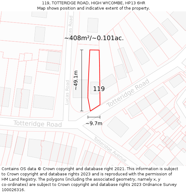 119, TOTTERIDGE ROAD, HIGH WYCOMBE, HP13 6HR: Plot and title map