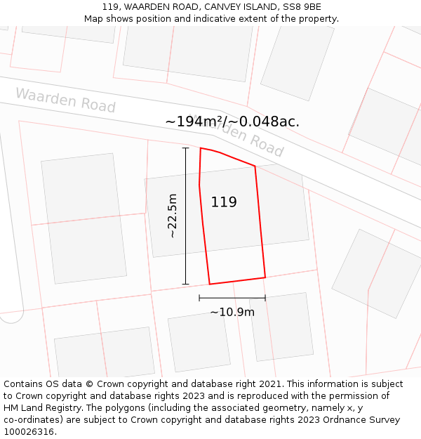 119, WAARDEN ROAD, CANVEY ISLAND, SS8 9BE: Plot and title map