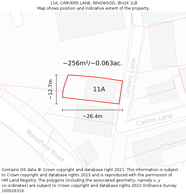 11A, CARVERS LANE, RINGWOOD, BH24 1LB: Plot and title map