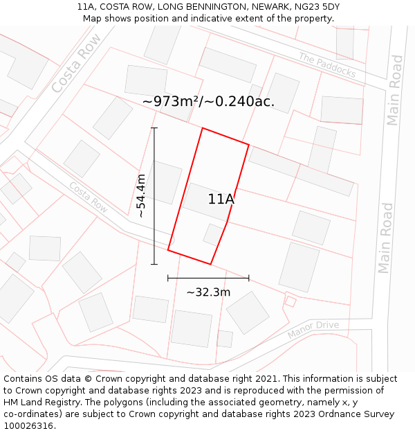 11A, COSTA ROW, LONG BENNINGTON, NEWARK, NG23 5DY: Plot and title map