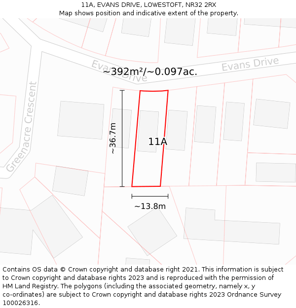 11A, EVANS DRIVE, LOWESTOFT, NR32 2RX: Plot and title map