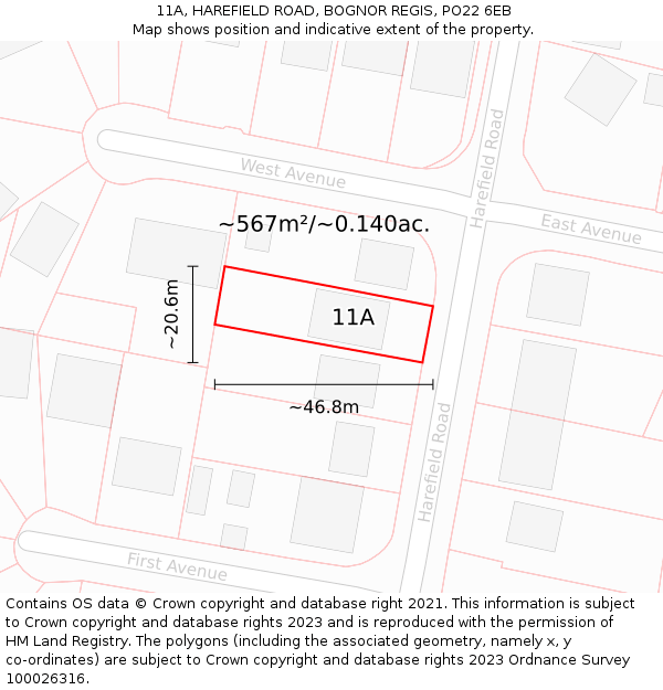 11A, HAREFIELD ROAD, BOGNOR REGIS, PO22 6EB: Plot and title map