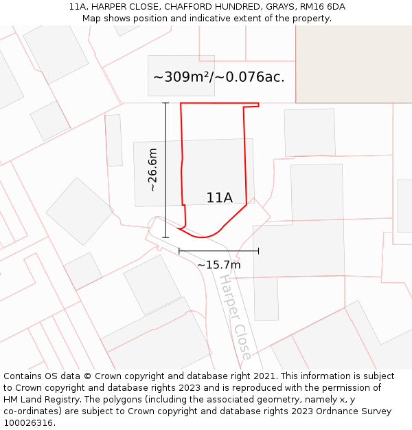 11A, HARPER CLOSE, CHAFFORD HUNDRED, GRAYS, RM16 6DA: Plot and title map