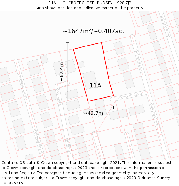 11A, HIGHCROFT CLOSE, PUDSEY, LS28 7JP: Plot and title map