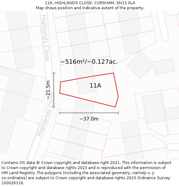 11A, HIGHLANDS CLOSE, CORSHAM, SN13 0LA: Plot and title map