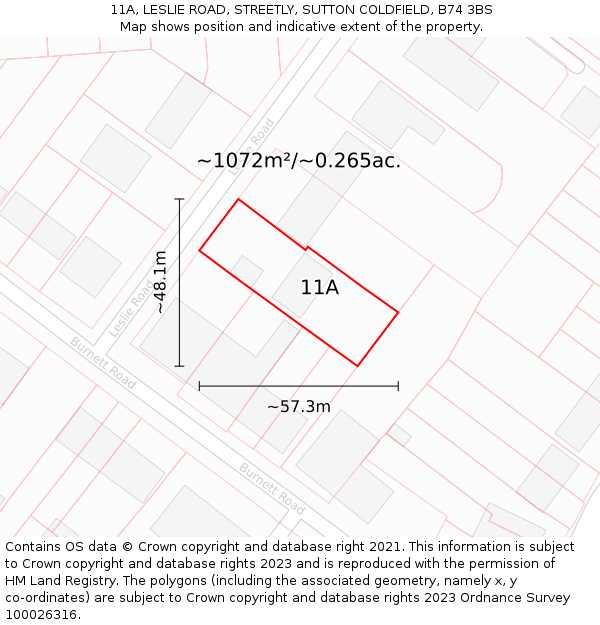 11A, LESLIE ROAD, STREETLY, SUTTON COLDFIELD, B74 3BS: Plot and title map